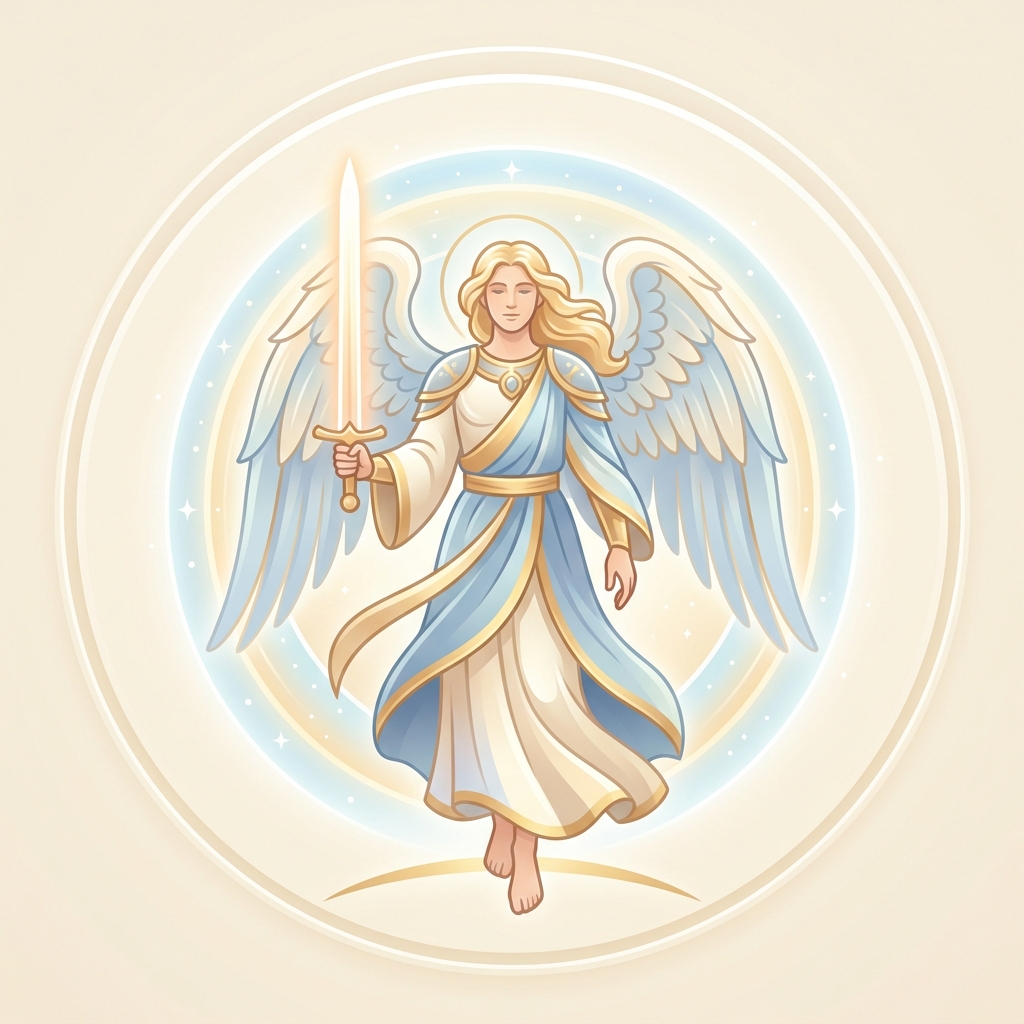 Ilustración tierna de Arcángel Miguel con espada de luz dorada