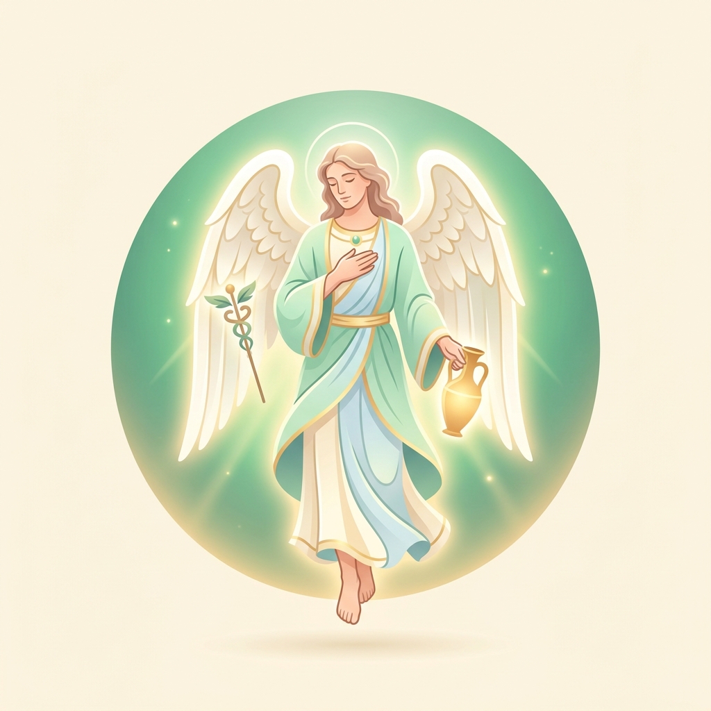 Ilustración tierna de Arcángel Rafael con luz verde sanadora