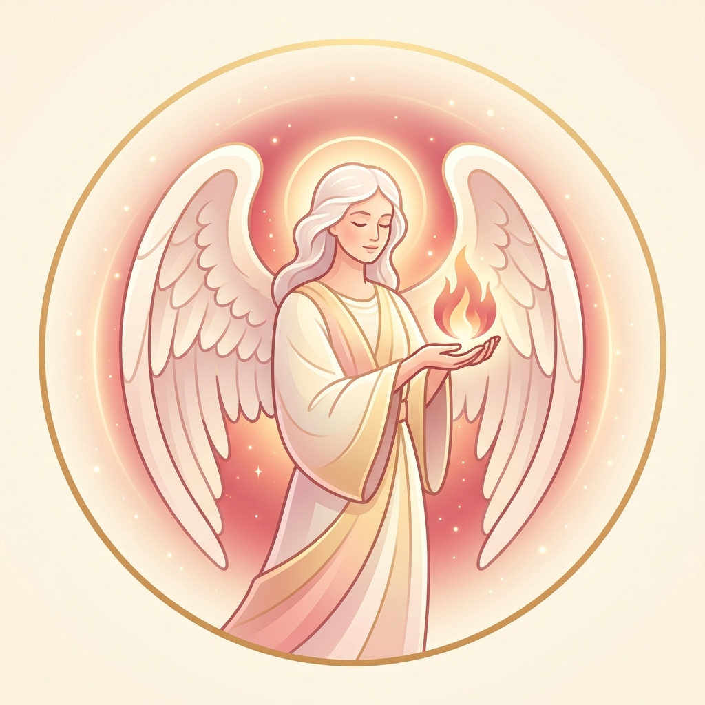 Ilustración tierna de Arcángel Uriel con llama violeta de sabiduría
