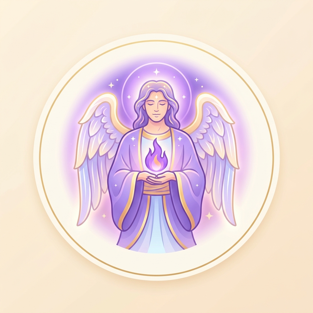 Ilustración tierna de Arcángel Zadkiel con llama violeta de transmutación