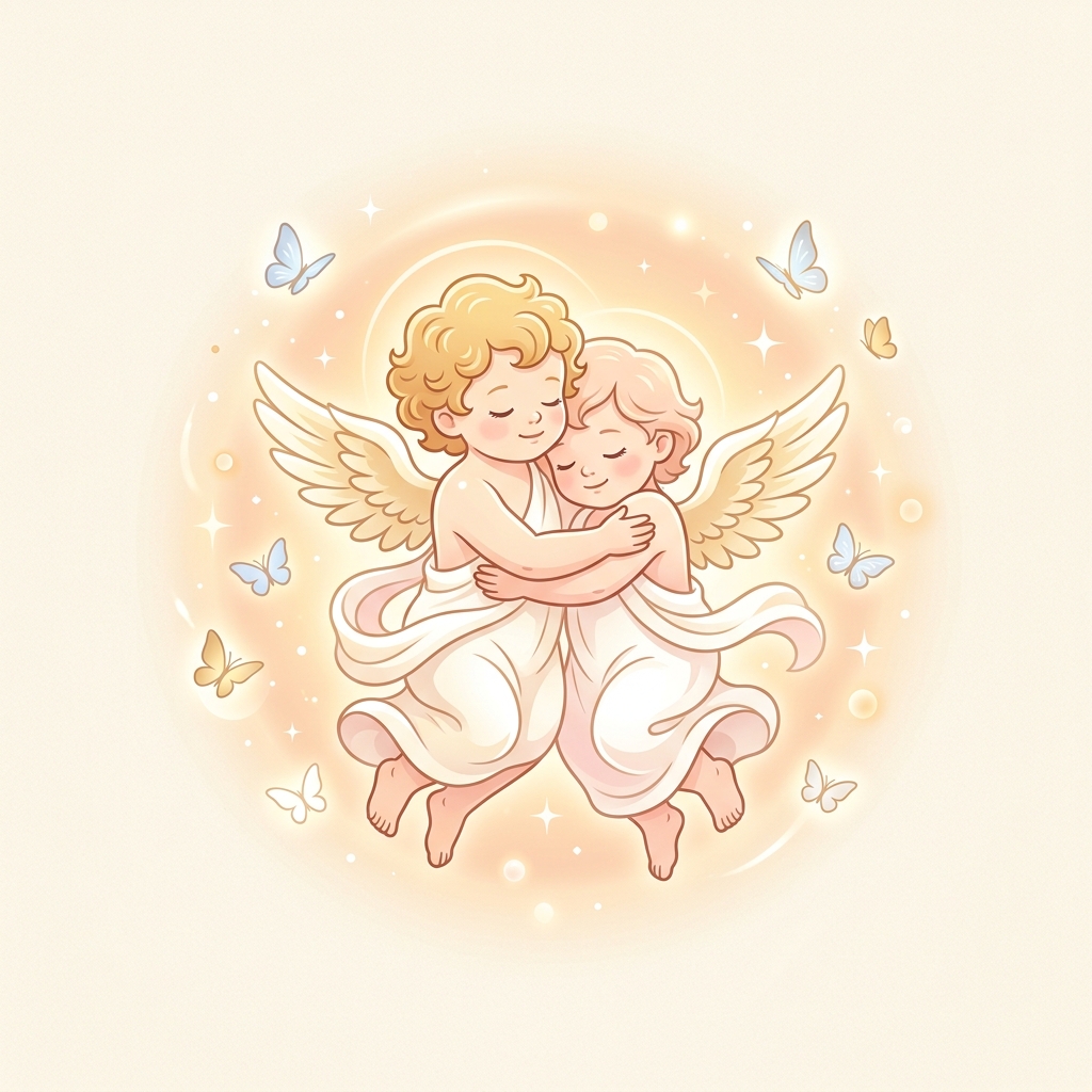 Ilustración tierna de dos querubines o gemelos angelicales rodeados de luz dorada y mariposas
